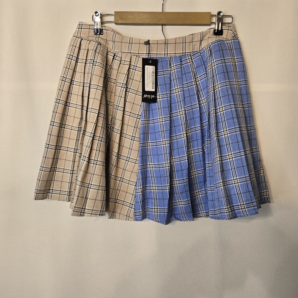 Nasty Gal Women's Size 10 NWT mixed check pleated mini skirt beige - Picture 6 of 10